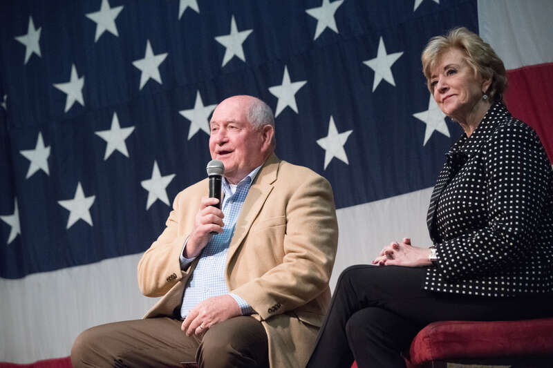 U.S. Secretary of Agriculture Sonny Perdue and Small Business Administration (SBA) Administrator Linda McMahon, take part in a working lunch and conversation with the Lima Chamber of Commerce, and Ohio Farm Bureau, in Lima, OH, on April 4, 2018. This