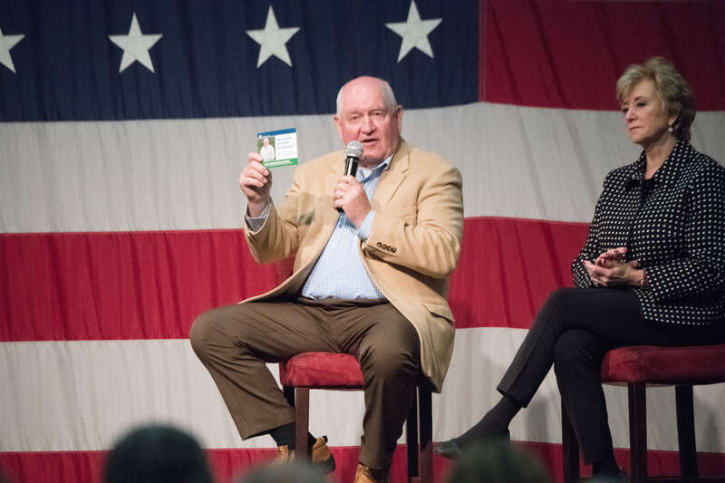 U.S. Secretary of Agriculture Sonny Perdue and Small Business Administration (SBA) Administrator Linda McMahon, take part in a working lunch and conversation with the Lima Chamber of Commerce, and Ohio Farm Bureau, in Lima, OH, on April 4, 2018. This