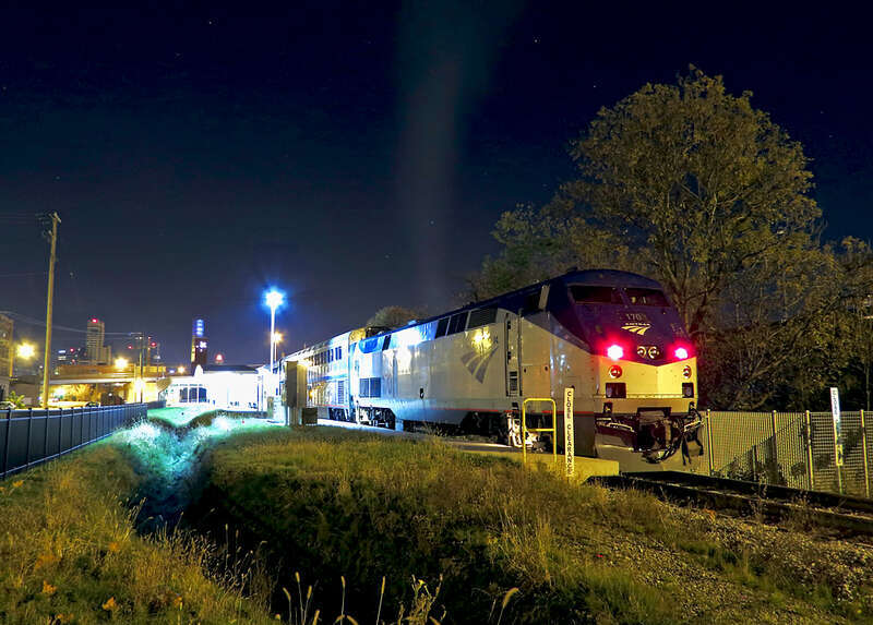 On an unseasonably warm November night, Amtrak's Pere Marquette waits for it's 6:00 AM departure. The Vernon J. Ehlers Station is just over a year old and a vast improvement over the old depot.
