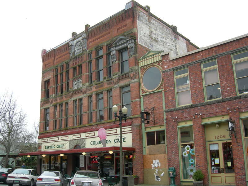 Historic Fairhaven district, Bellingham, Washington. Knights of Pythias building, now housing the Colophon Cafe and other associated businesses.
