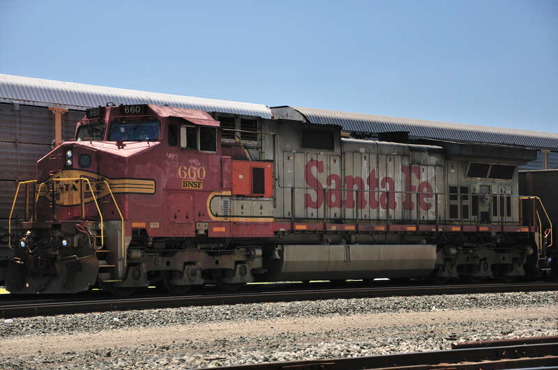 BNSF 660 (a GE C44-9W) in warbonnet paint scheme on the Indiana Harbor Beltway railroad near State Line Road in Calumet City, Illinois.