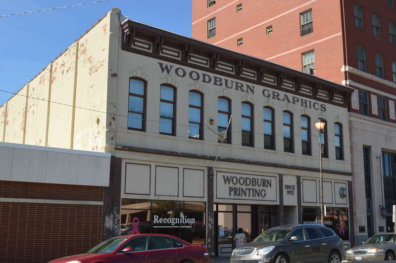 Front and southern side of the Building at 23-27 S. Sixth Street in Terre Haute, Indiana, United States.  Built in 1882, it is listed on the National Register of Historic Places.