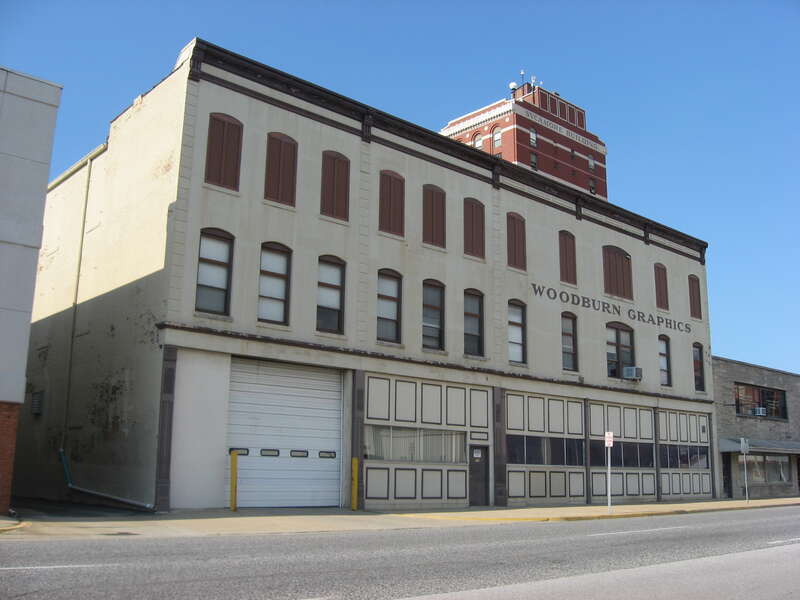 Front of the Building at 510-516 Ohio Street in Terre Haute, Indiana, United States.  Built in 1891, it is listed on the National Register of Historic Places.  Notice the Sycamore Building, another Register-listed property, in the background.
