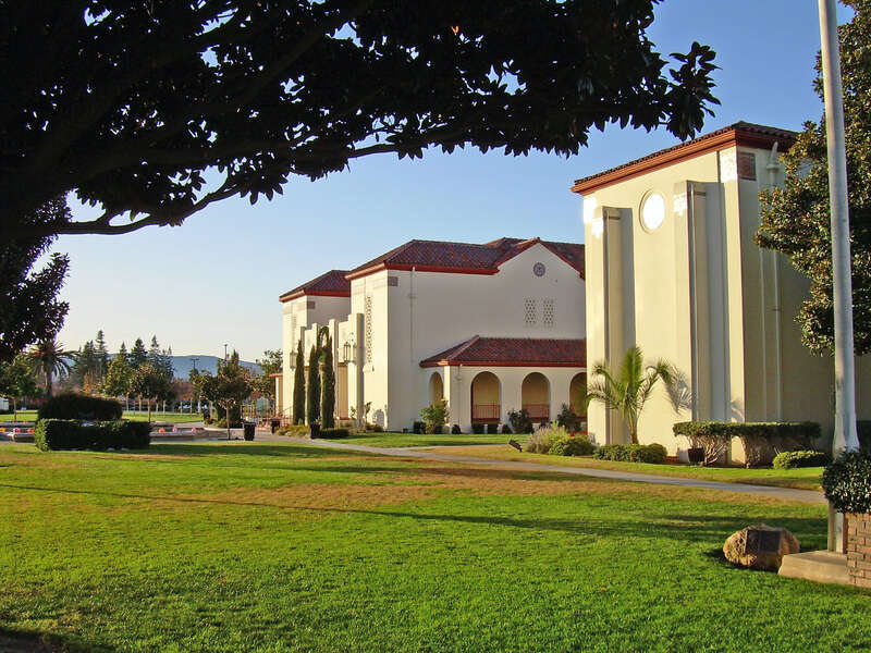 Looking toward the Heritage Theatre at the Campbell Community Center, formerly Campbell High School, in Campbell, California.  National Register of Historic Places #89001048.