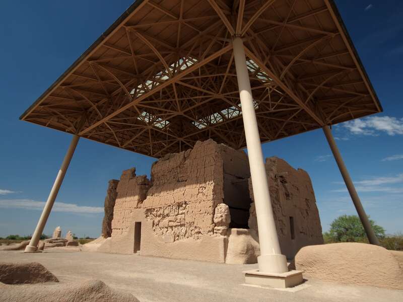 Casa Grande Ruins National Monument in Coolidge.Photo taken with an Olympus E-P1 in Pinal County, AZ, USA.Cropping and post-processing performed with The GIMP.