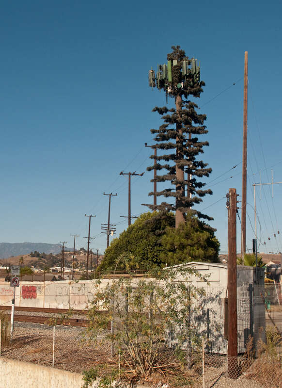 Cell phone tower in Downtown Los Angeles, seen from the First Street bridge over the Los Angeles River