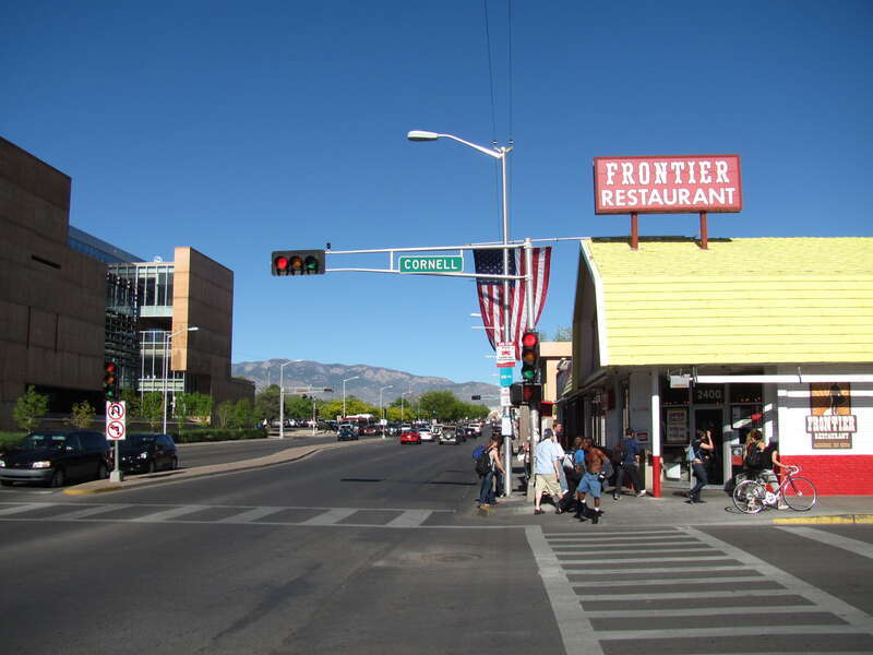 Central Avenue at the Frontier Restaurant, Albuquerque New Mexico - looking east, University of New Mexico on the left