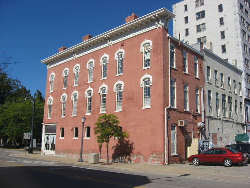 Rear and southern side of the Commercial Building, located on the northeastern corner of the junction of Second Street and Middle Avenue in Elyria, Ohio, United States.  Built in 1874, it is listed on the National Register of Historic Places, and it