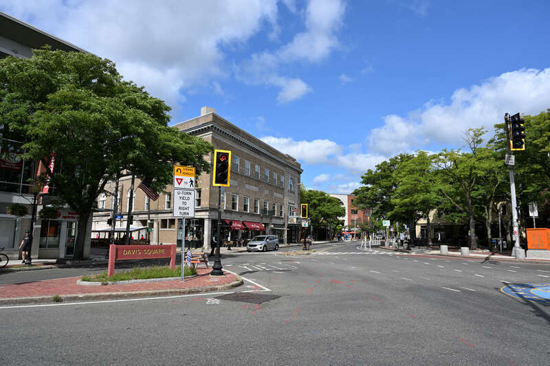 Davis Square in Somerville, looking north up Holland St.