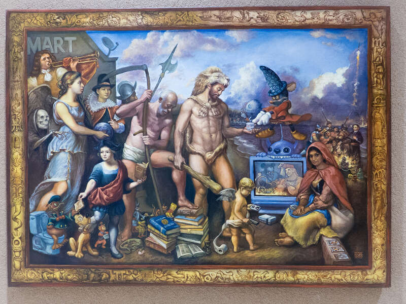 Oil on canvas work of the artist Patrick McGrath Muñíz, b. 1975. The curation card explained that he creates "historic puzzles linking disparate images from history and art history, popular culture, Christianity, European and Native American