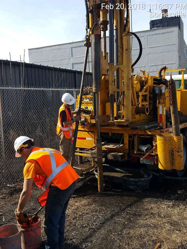 GLX drilling team at work near future Lechmere Station.