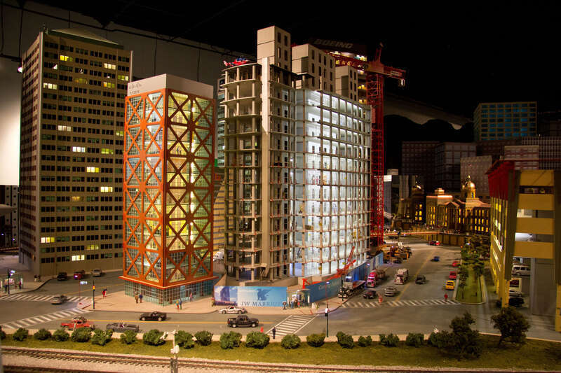 A JW Marriott Hotel is under construction on the EnterTRAINment Junction layout in West Chester, OH (just north of Cincinnati) 

www.entertrainmentjunction.com/