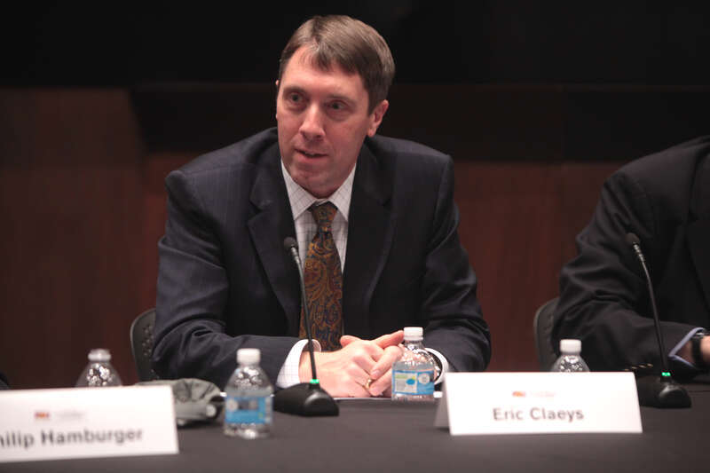Eric Claeys speaking with attendees at an event titled "New Challenges to Constitutional Law" hosted by the Arizona State University Center for Political Thought &amp; Leadership at the Sandra Day O'Connor College of Law in Tempe, Arizona.

Please