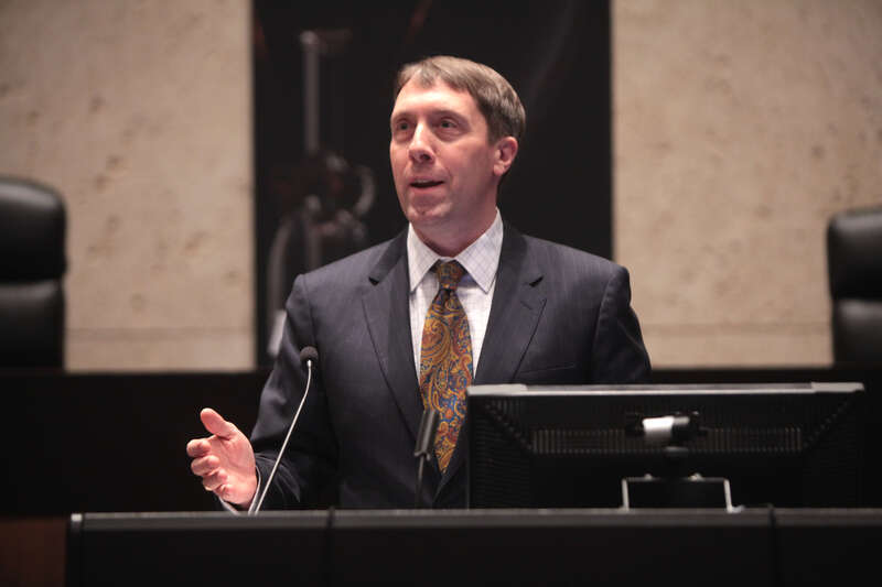 Eric Claeys speaking with attendees at an event titled "New Challenges to Constitutional Law" hosted by the Arizona State University Center for Political Thought &amp; Leadership at the Sandra Day O'Connor College of Law in Tempe, Arizona.

Please