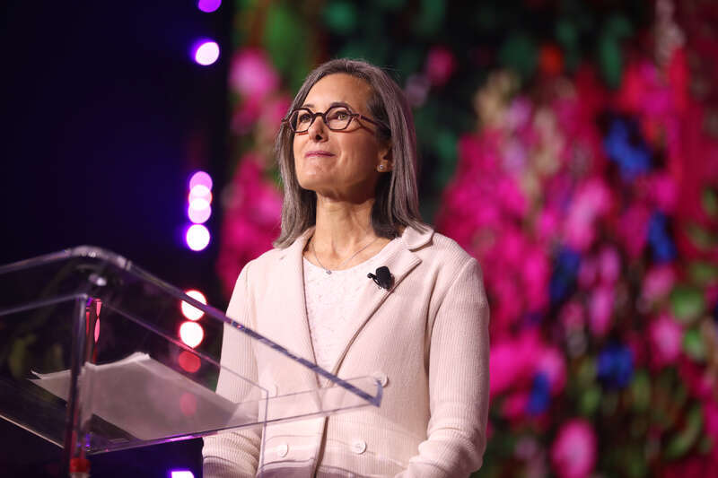 Erica Komisar speaking with attendees at the 2024 Young Women's Leadership Summit at the San Antonio Marriott Rivercenter on the River Walk in San Antonio, Texas.
