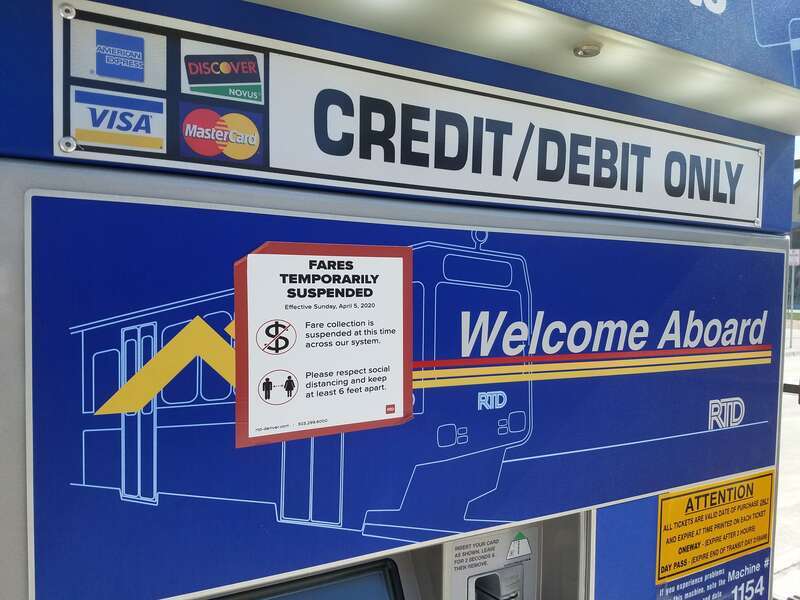 Fares Temporarily Suspended sign at Arvada Ridge Station