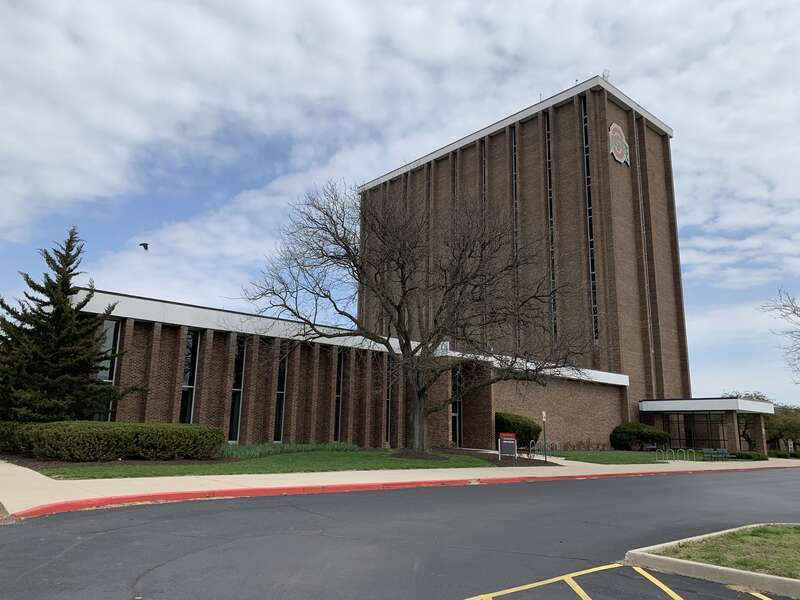The Fawcett Center for tomorrow in April 2020. The building houses event space, athletic offices, and the headquarters of WOSU.