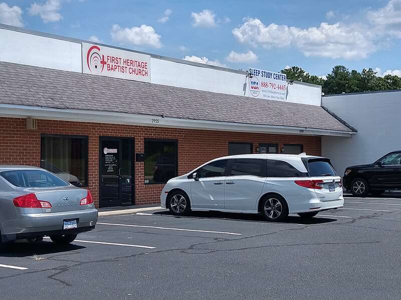 First Heritage Baptist Church is on an old shopping center next to a sleep study clinic and escape room. It is on Damascus Drive in Fayetteville, North Carolina in Cumberland County.