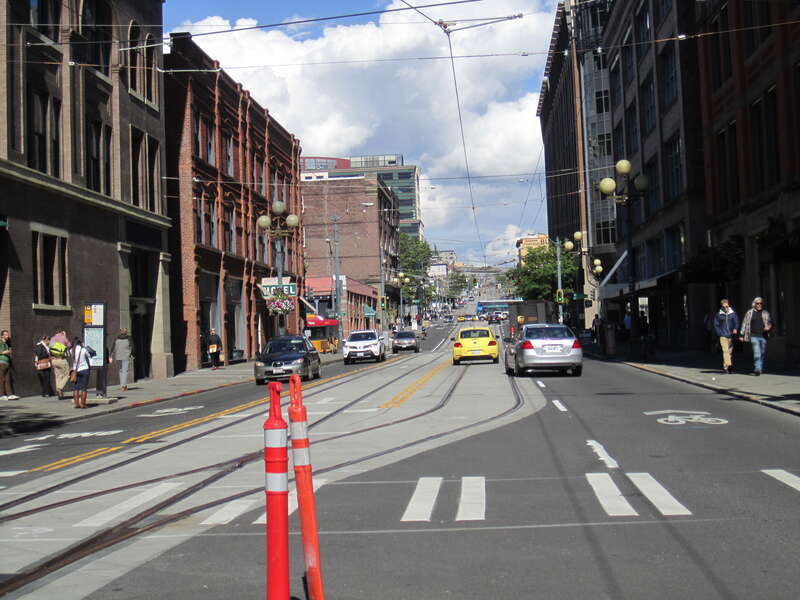 First Hill Streetcar tracks. This is looking east on S Jackson Street from the Pioneer Square neighborhood into the International District.