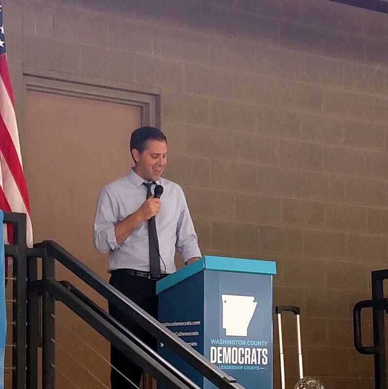 Greg addresses a rally of the Washington County Democrats at Shiloh Square in Springdale, Arkansas