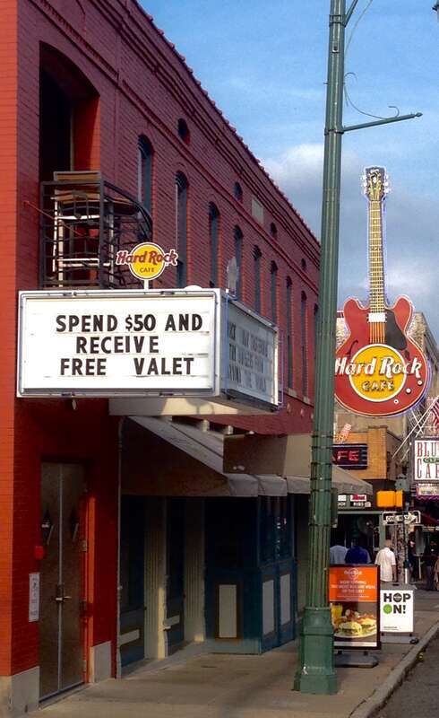 The current Hard Rock Cafe Memphis' 'valet' sign, 5 July 2016. This building is at 126 Beale St, Memphis, TN 38103.