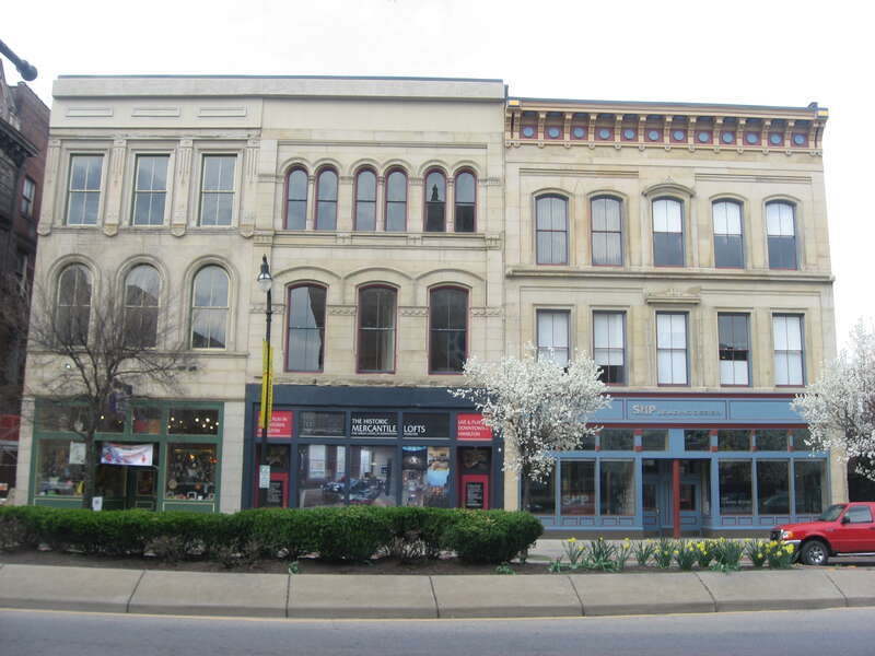 Front of the High Street Commercial Block, located at 228-236 High Street (State Routes 129/177) in downtown Hamilton, Ohio, United States.  Built in 1874, it is listed on the National Register of Historic Places.