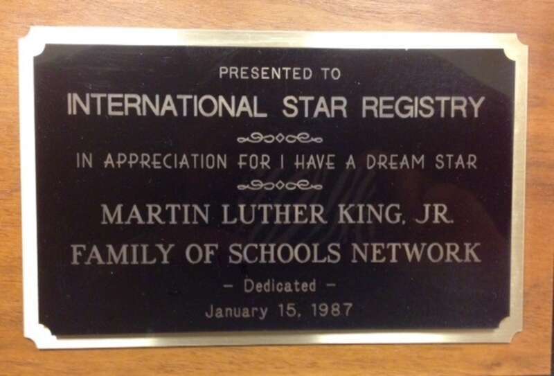 Coretta Scott King received a star in the name "I Have A Dream Star" from the Martin Jr. King Network of Schools and International Star Registry in honor the Late Dr. King's Birthday. Presented by Secretary of Education William Bennett and the
