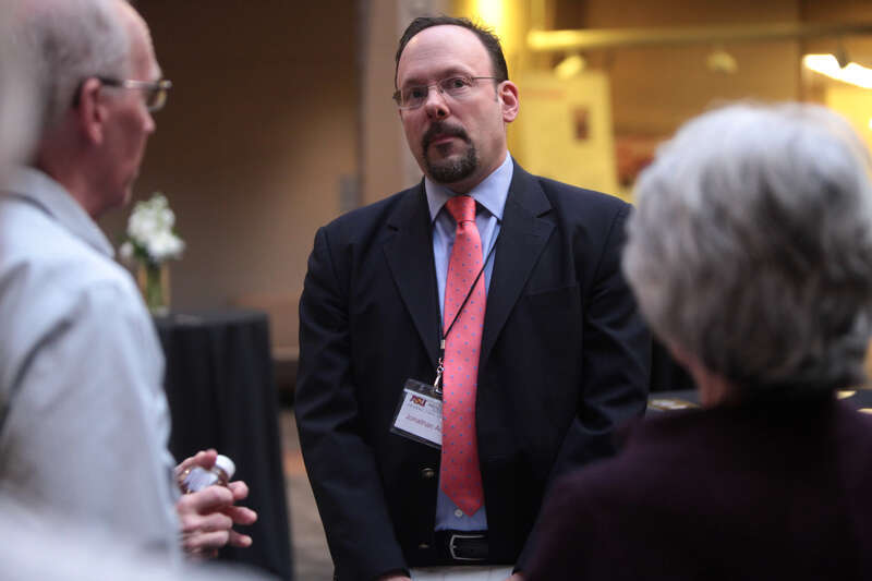 Jonathan H. Adler speaking with attendees at an event titled "New Challenges to Constitutional Law" hosted by the Arizona State University Center for Political Thought &amp; Leadership at the Sandra Day O'Connor College of Law in Tempe,