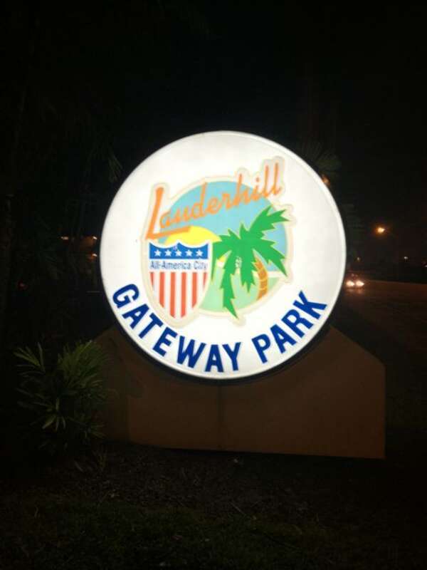 Gateway Park sign at night in Lauderhill, Fl