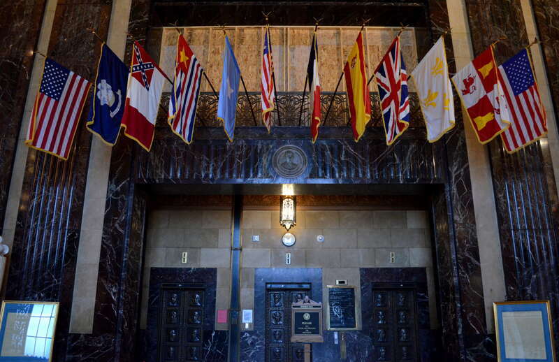 Flags in Memorial Hall at the Louisiana State Capitol in Baton Rouge, Louisiana symbolizing the entities that have governed Louisiana. From left to right: United States, State of Louisiana, Confederate States of America, Republic of Louisiana,