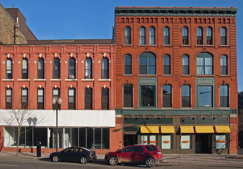 Walterstroff &amp; Montz Building (left, built ca. 1875-80) and J.H. Weed Building (right, built 1884, non-contributing), Lowertown Historic District of St Paul, Minnesota, USA