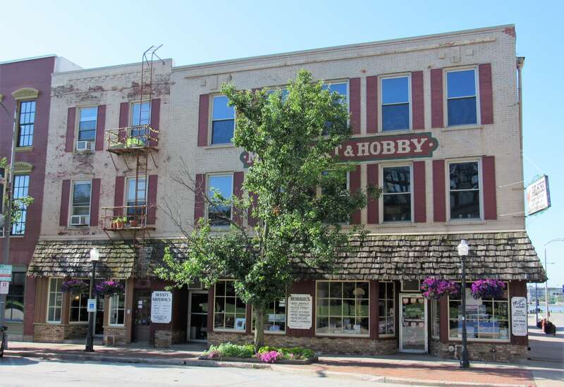 Major Art &amp; Hobby Center in downtown Davenport, Iowa. These two buildings are contributing properties in the Davenport Motor Row and Industrial Historic District, Davenport, Iowa. They were part of Reimers &amp; Fernald Candy Manufacturers
