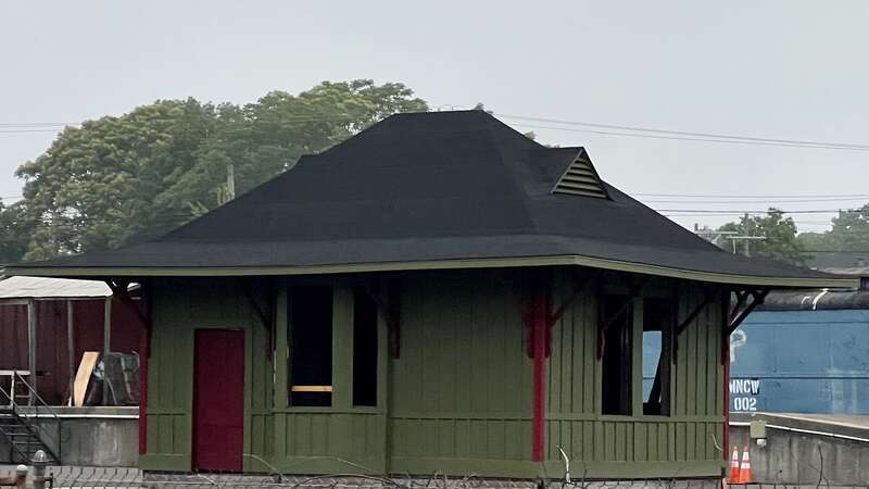 Mill Plain station during restoration after its move to the Danbury Railway Museum rail yard