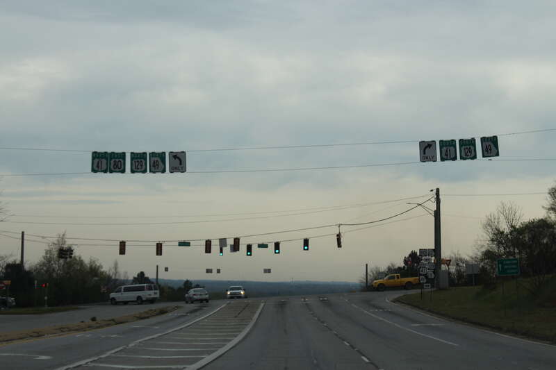 Overhead road signs on Eisenhower Parkway EB before Broadway, Macon, Bibb County, Georgia