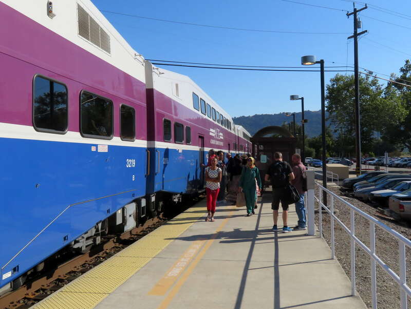 Passengers alighting an eastbound ACE train at Pleasanton station in July 2018