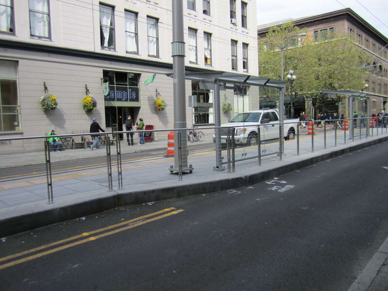 The platform and shelters for the future Pioneer Square station, terminus of the First Hill Streetcar.