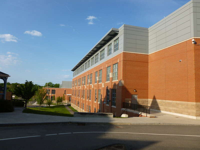 Quincy High School, located at 100 Coddington Street, Quincy, Massachusetts.  West (back) side of building shown.