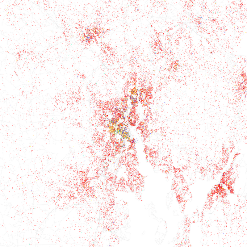Maps of racial and ethnic divisions in US cities, inspired by Bill Rankin's map of Chicago, updated for Census 2010.
Red is White, Blue is Black, Green is Asian, Orange is Hispanic, Yellow is Other, and each dot is 25 residents.

Data from Census