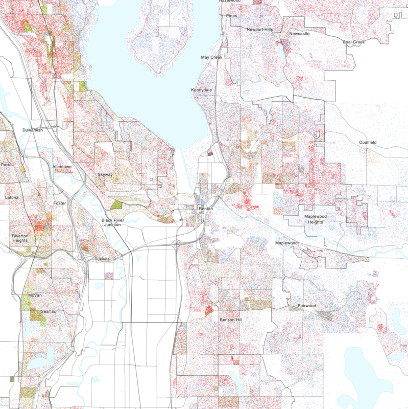 Map of the distribution of races and ethnicities in US cities, inspired by similar maps created by Dustin Cable and others.
Blue is White, Green is Black, Red is Asian, Orange is Hispanic, Purple is Multiracial, and Brown is Native American/Other.