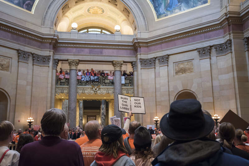 St. Paul, Minnesota
February 22, 2018
About 1000 people filled the Minnesota capitol rotunda to demand stricter gun control laws. They protested against "stand your ground" and "permit-less carry" laws and demanded stricter laws on guns such as a ban