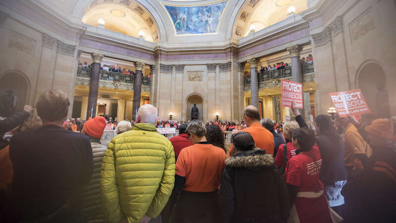 St. Paul, Minnesota
February 22, 2018
About 1000 people filled the Minnesota capitol rotunda to demand stricter gun control laws. They protested against "stand your ground" and "permit-less carry" laws and demanded stricter laws on guns such as a ban