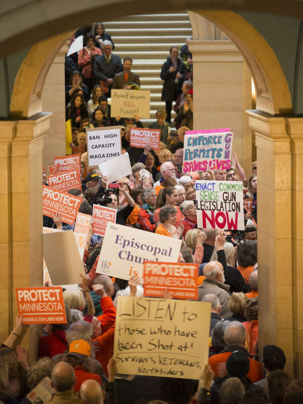 St. Paul, Minnesota
February 22, 2018
About 1000 people filled the Minnesota capitol rotunda to demand stricter gun control laws. They protested against "stand your ground" and "permit-less carry" laws and demanded stricter laws on guns such as a ban