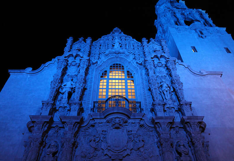 500px provided description: Night time shot of Saint Francis Chapel at Balboa Park in San Diego, CA. [#sky ,#city ,#travel ,#chapel ,#church ,#blue ,#night ,#light ,#architecture ,#building ,#california ,#grey ,#san diego ,#balboa park ,#san diego