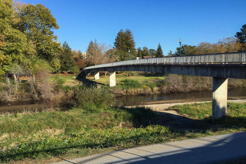 A footbridge across the San Lorenzo River in Santa Cruz, California. It links downtown Santa Cruz with San Lorenzo Park, Santa Cruz Courthouse, and Santa Cruz County Police Station.