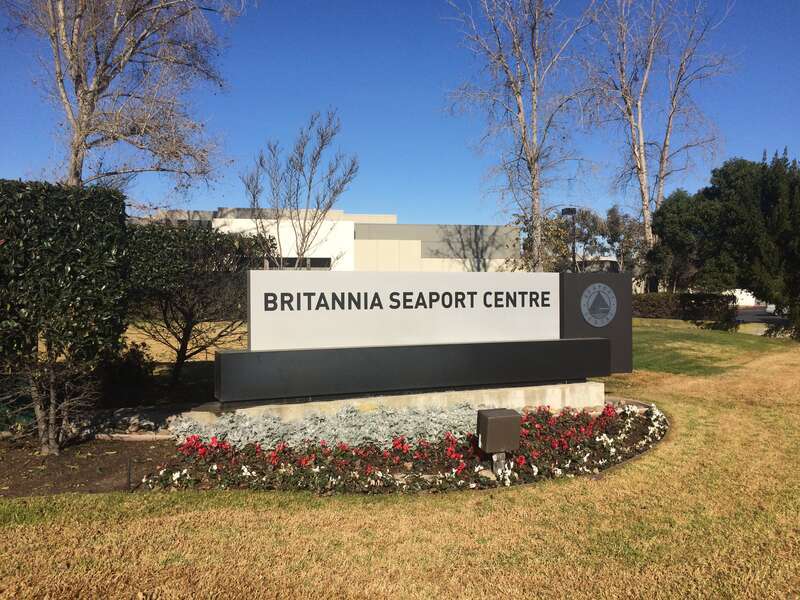 Front entrance sign at Seaport Centre in Redwood City California.
