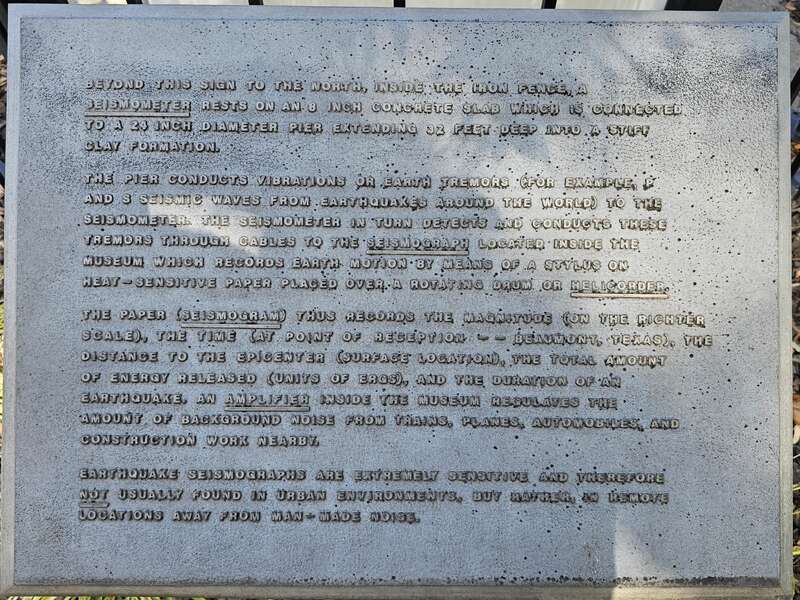Plaque affixed near the seismometer outside of the Texas Energy Museum in downtown Beaumont, Texas