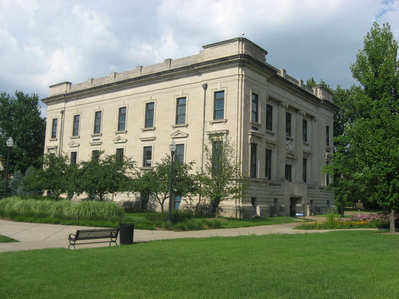 Front and western side of the State Normal Library, located on the campus of Indiana State University in Terre Haute, Indiana, United States.  Built in 1907, it is listed on the National Register of Historic Places.