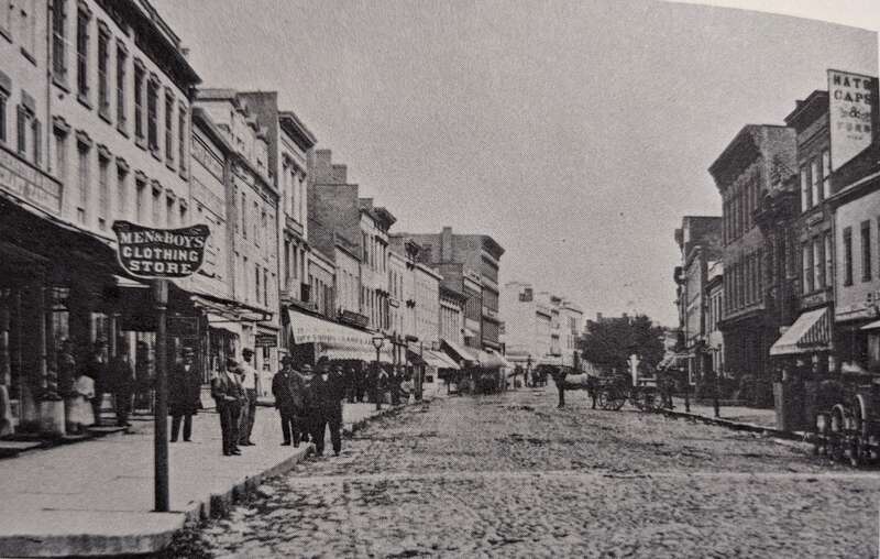 A photo of State Street in Schenectady, New York. Originally published in 1865. Republished by John Papp in "Schenectady's Changing Scene" in 1969.