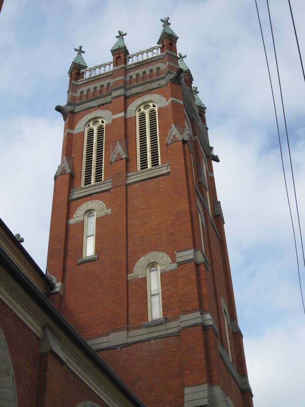The Romanesque revival tower of the Catholic Church of St. Mary of the Assumption in Binghamton, New York.