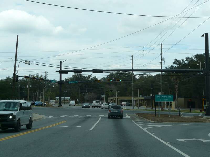 Traffic signal at Blountstown Street and West Tennessee Street in Tallahassee, Florida.